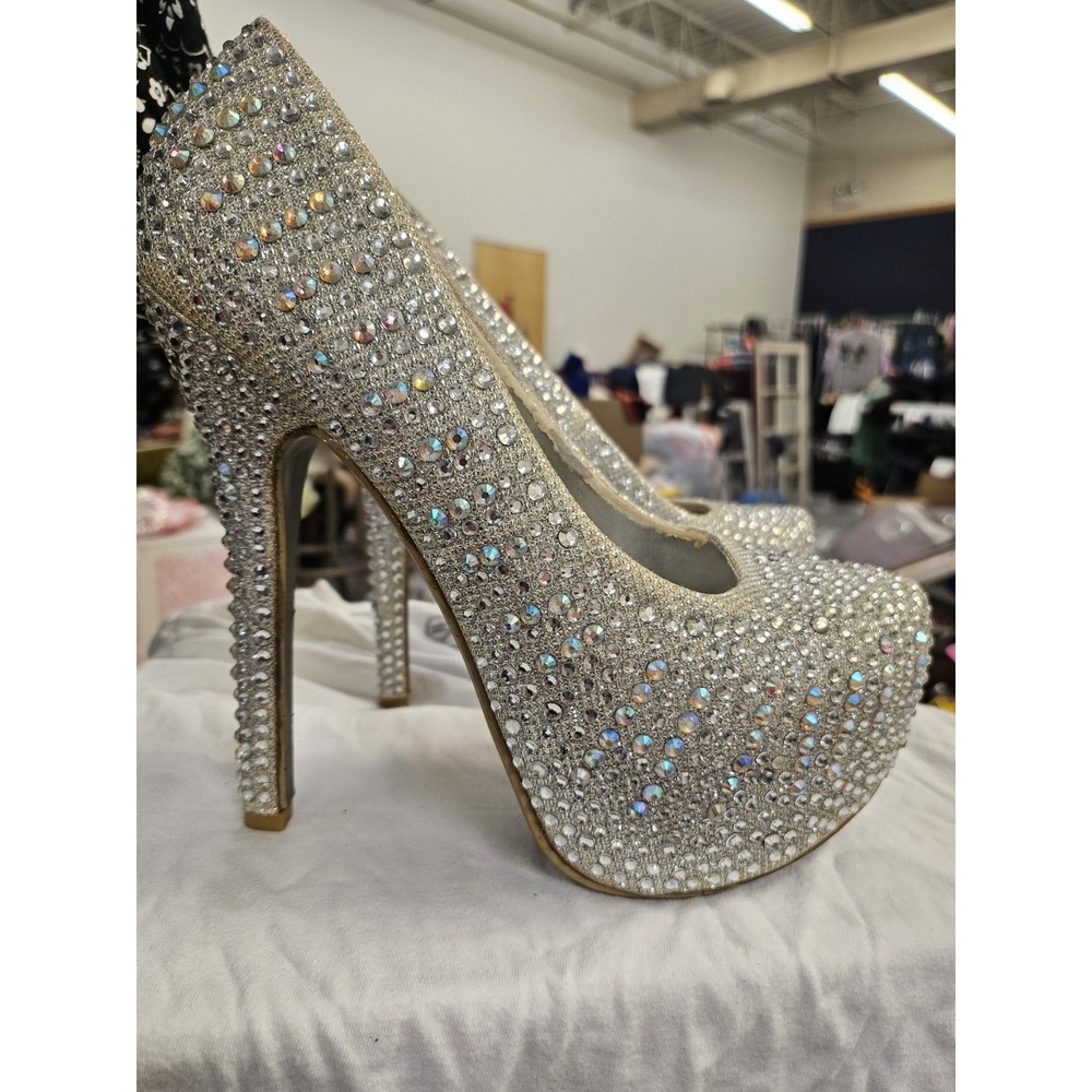Shierrt Women's Silver Rhinestone Platform Heels Round Toe Slip-On Size 6
